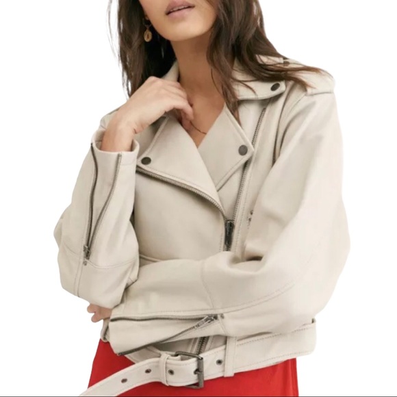 New Free People x We The Free Slow Moves Lg Beige Leather Belted Moto Jacket - Picture 6 of 9